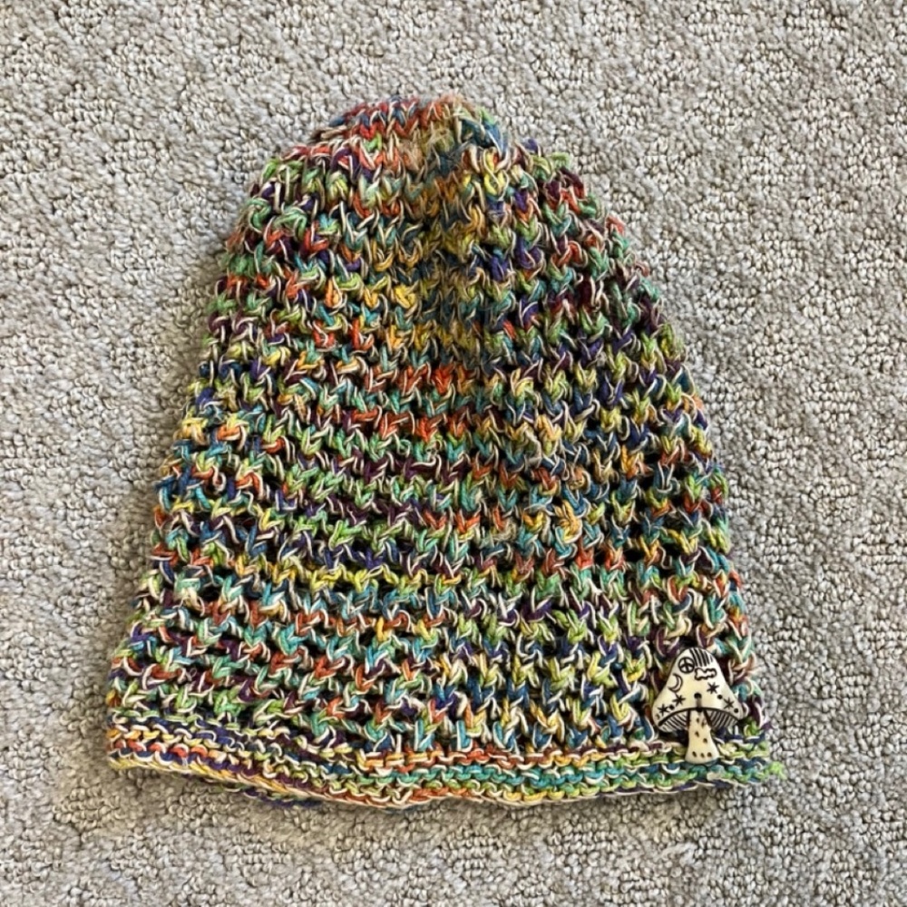 Multi-Color Knit Beanie with a Mushroom Decal